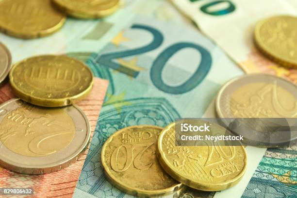 Coins And Banknote In Euro Money Stock Photo - Download Image Now - Abstract, Backgrounds, Banking