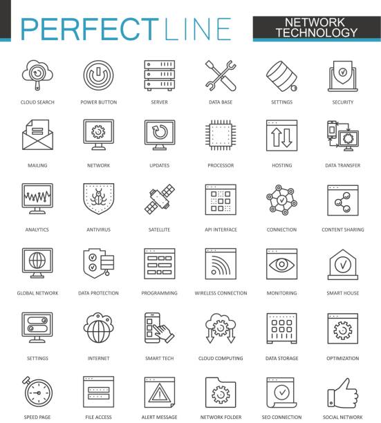 Network technology thin line web icons set. Big data outline stroke icons design. Network technology thin line web icons set. Big data outline stroke icons design television host stock illustrations