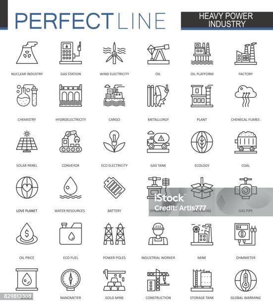 Puissance Forte Industrie Fine Ligne Web Icônes Définies Usine Et Les Énergies Renouvelables Contour Course Conception Dicônes Vecteurs libres de droits et plus d'images vectorielles de Icône