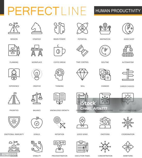 Human Productivity Thin Line Web Icons Set Task Concentration Outline Stroke Icons Design Stock Illustration - Download Image Now