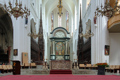 Graz,Austria-June 26, 2021: Beautiful interior of Church of the Sacred Heart of Jesus (Herz Jesu Kirche), designed in the Neogothic style and the largest church in Graz, Styria region, Austria