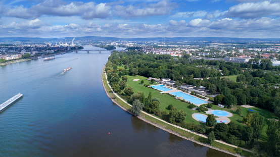 Confluence of rivers Main and Rhein, Germany - aerial panoramic view