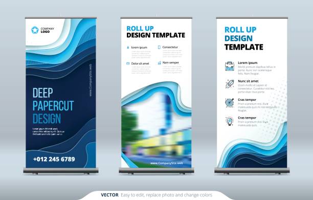 비즈니스 롤 최대 배너 스탠드입니다. 프레 젠 테이 션 개념입니다. 현대 추상 배경 롤업 됩니다. 세로 서식 파일 빌보드, 배너 스탠드 또는 플래그 레이아웃을 디자인합니다. 컨퍼런스, 포럼, 쇼핑에 대 한 포스터 - 스크롤링 배너 stock illustrations