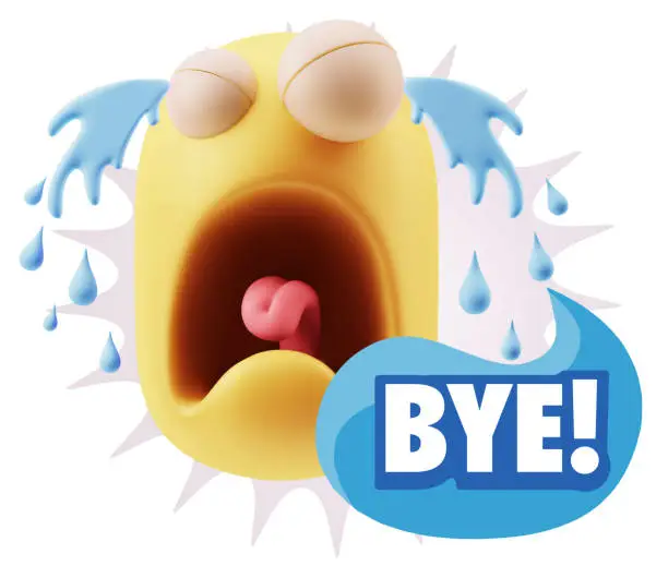 3d Illustration Sad Character Emoji Expression saying Bye with Colorful Speech Bubble.