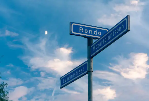 Streetsigns with street names on against a twilight sky in the Netherlands