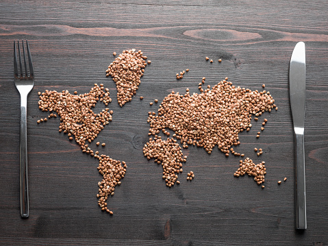Buckwheat grain seeds are formed into world map on brown wooden desk.Knife and fork are placed on east and west sides.No people are seen in frame.Shot with a medium format camera from a high angle point in close up.Horizontal framing.
