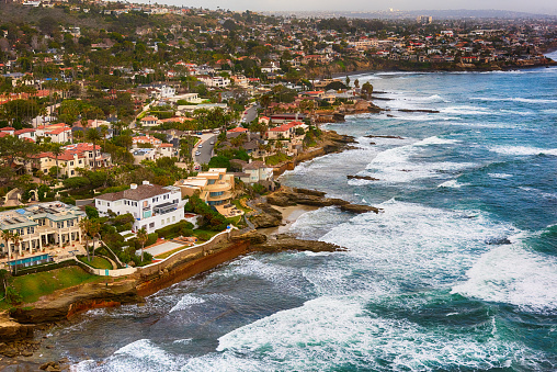 Luxury homes along the rocky coastline of La Jolla, California in the northern portion of coastal San Diego.