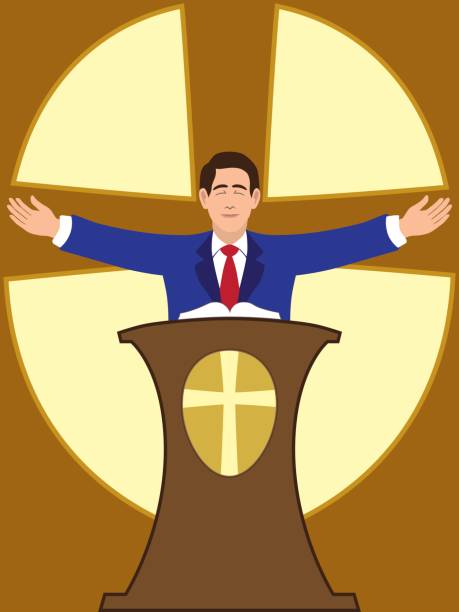 Flat Vector Preacher Preacher is spreading his arms during worship service beatification stock illustrations