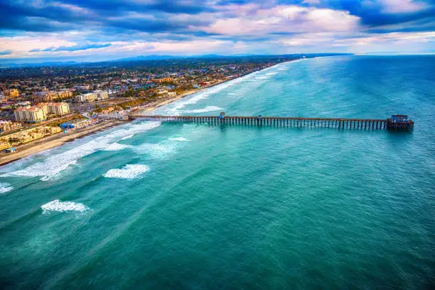 An aerial view of the city of Oceanside, California including the Oceanside Pier located in northern San Diego County.
