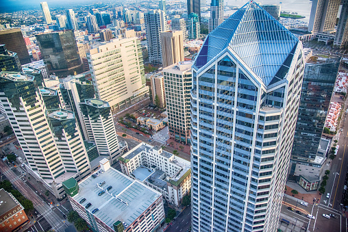 Aerial detail of the buildings of downtown San Diego, California.
