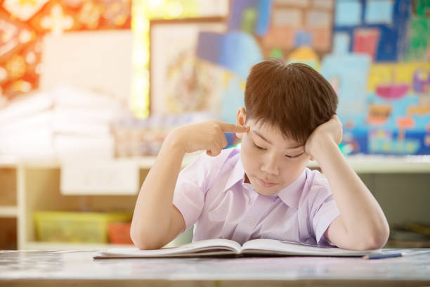 istock Happy asian child reading book and think about that in class room 830003438