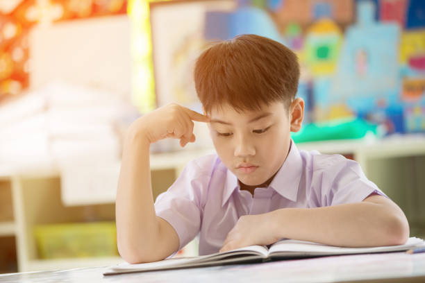 istock Happy asian child reading book with smile face at school 830003508