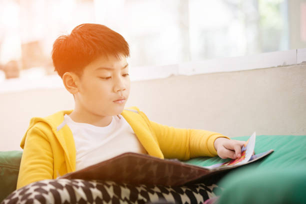 A little Asian boy, wearing a red sweater, sits on the living room floor and reads a book.