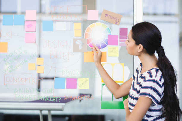 istock Businesswoman looking at plan on wall 830032464