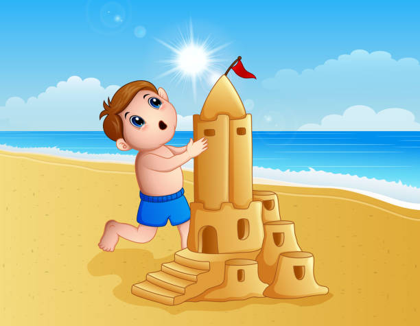 Boy making a big sand castle at the beach Vector illustration of Boy making a big sand castle at the beach small kid big building stock illustrations