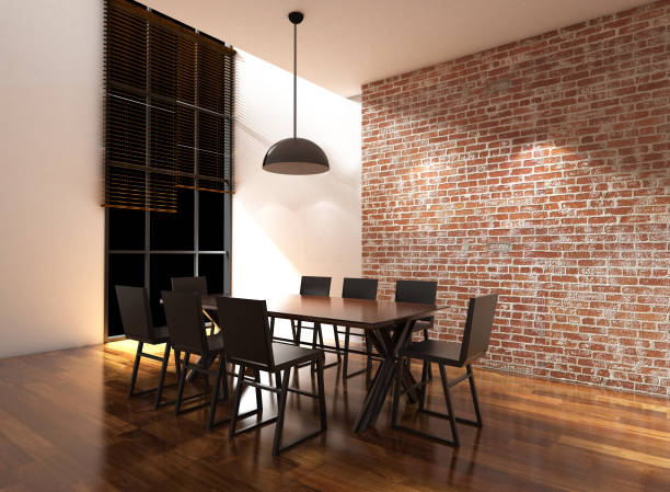 istock White and  brick wall dining room interior 3D illustration 830045530
