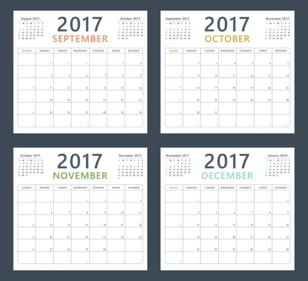 Vector illustration of calendar planner 2017 on september, october, november and december, week starts sunday