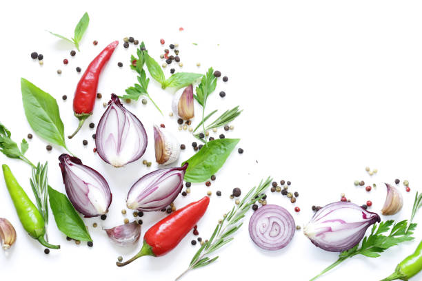 Food background, herbs and spices on white background