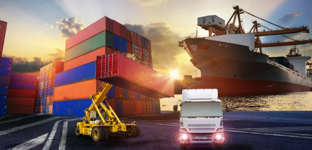istock Logistics and transportation of Container Cargo ship and Cargo plane with working crane bridge in shipyard 830180446