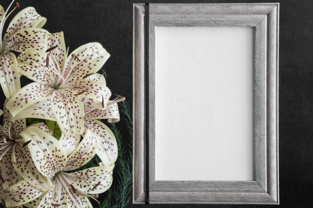 istock White blank condolence card with frame and lily flowers on the dark background. Empty place for a text or photo. 830192726