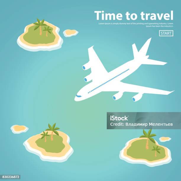 Illustrazione Isometrica Del Paesaggio Liscrizione Di Testo Dellisola Jet Plane Sea Viaggi Illustrazione Vettoriale Turistica In Stile Piatto - Immagini vettoriali stock e altre immagini di Isola