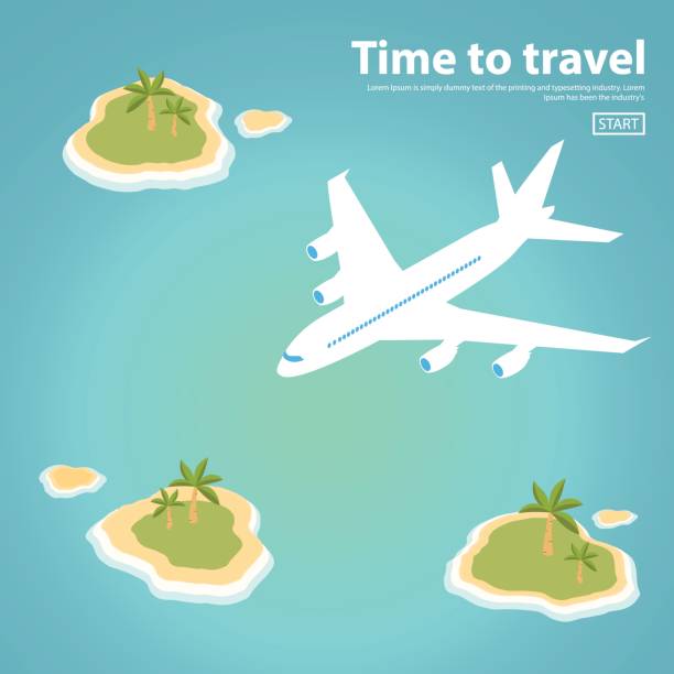 stockillustraties, clipart, cartoons en iconen met isometrische landschap afbeelding het eiland tekst inscriptie jet vliegtuig zee. reizen, toerisme vectorillustratie in een vlakke stijl. - eiland