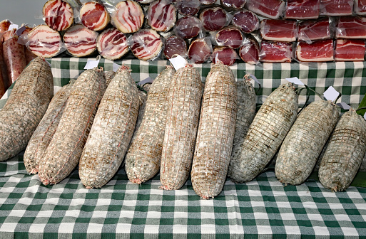 meats and salami  called Sopressa in Italian for sale in the peasant farm