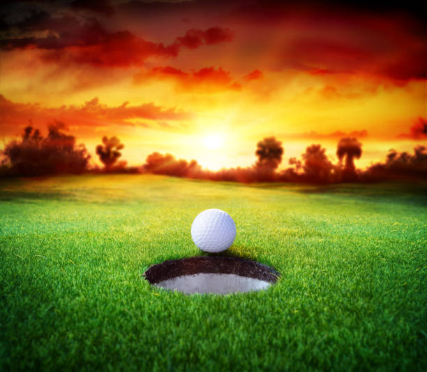 Golf Ball In Hole - Golfing Sport Target Concept - Ball On Putting Green In Hole golf ball photos stock pictures, royalty-free photos & images
