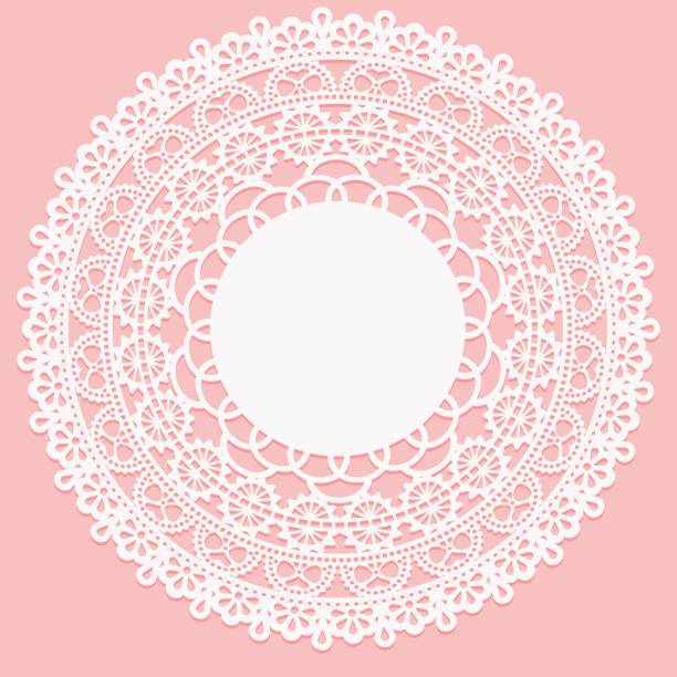 ilustrações de stock, clip art, desenhos animados e ícones de openwork white napkin. lace frame round element on pink background. - naperão