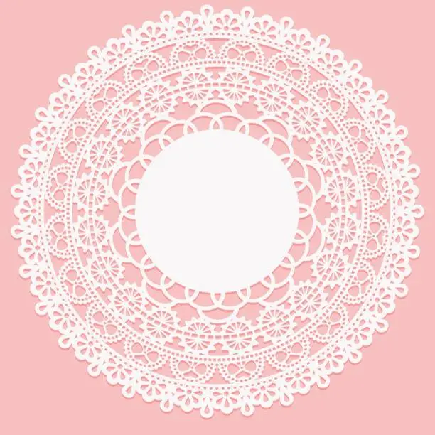 Vector illustration of Openwork white napkin. Lace frame round element on pink background.