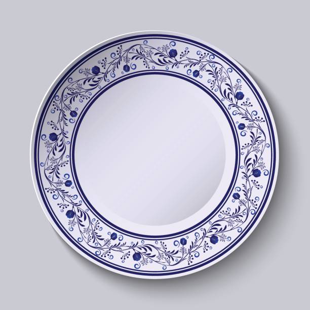 istock Plate with blue patterned border. Template design in ethnic style Gzhel porcelain painting. 830338370