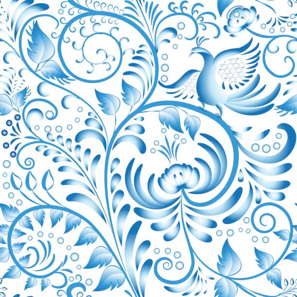 istock Seamless floral pattern. Blue painted in gzhel style with flowers and birds. Stylization Chinese porcelain ornament. 830343492