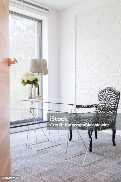 Modern Home Office With Glazed Desk Stock Photo - Download Image Now - Carpet - Decor, Avant-Garde, Home Office