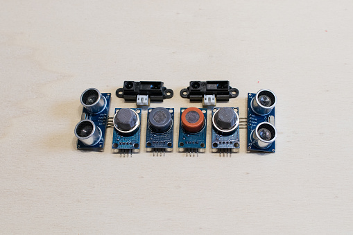 Set of sensors for methane gas, carbon monoxide, co2, ultrasonic and infrared position sensors. Tools for electronic prototyping and Internet of things