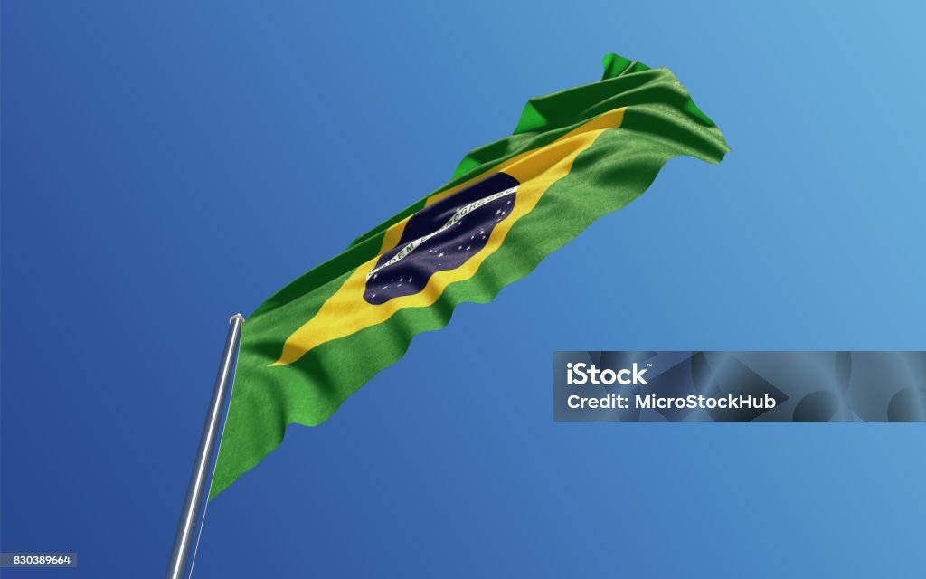 Brazilian Flag Waving With Wind On Blue Sky High quality 3d render of a Brazilian flag waving with wind on a blue sky. Low angle view with copy space. Clipping path is included. Great use for Brazilian  politics and Brazilian culture related concepts. Horizontal composition. Brazil Stock Photo