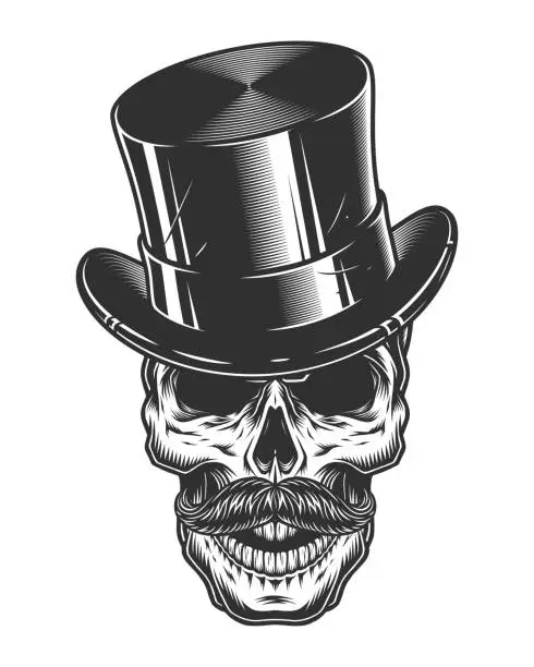 Vector illustration of Monochrome illustration of skull with top hat and moustache