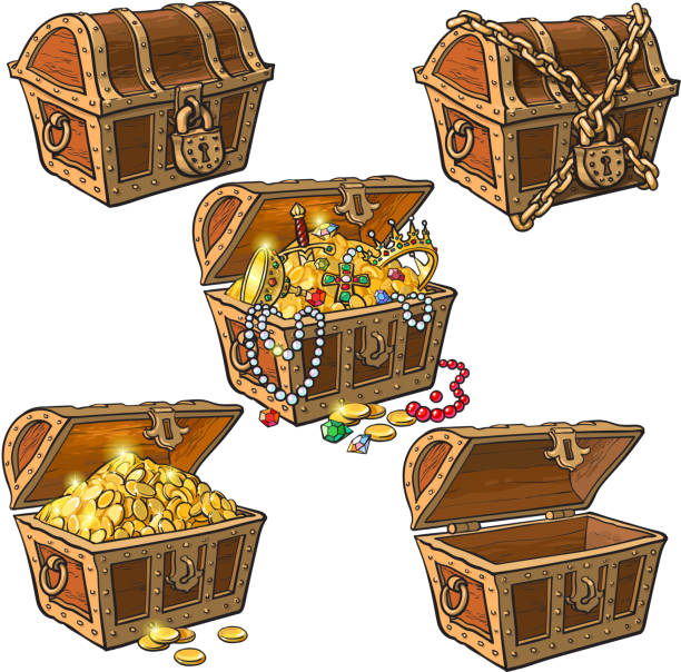 satz von handgezeichneten piraten schatztruhen - old treasure chest stock-grafiken, -clipart, -cartoons und -symbole
