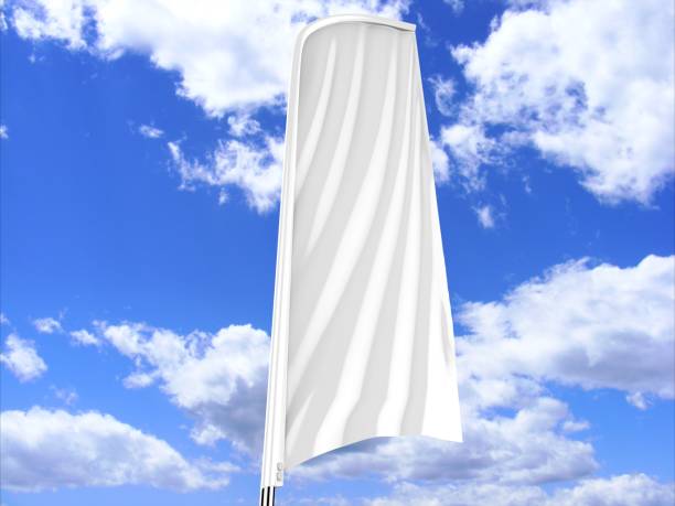 istock Blank white concave feather flag outdoor advertising shield flag banner or vertical wind banner mock up template isolated on sky background. 830413116