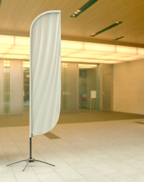Blank white convex feather flag outdoor advertising shield flag banner or vertical wind banner mock up template isolated in the mall. Blank white convex feather flag outdoor advertising shield flag banner or vertical wind banner mock up template convex stock pictures, royalty-free photos & images