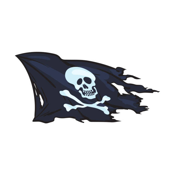 vector cartoon skull and cross bones flag isolated vector cartoon skull and cross bones flag isolated illustration on a white background. Jolly roger flag, pirates adventure , treasure risk and death symbol pirate flag stock illustrations