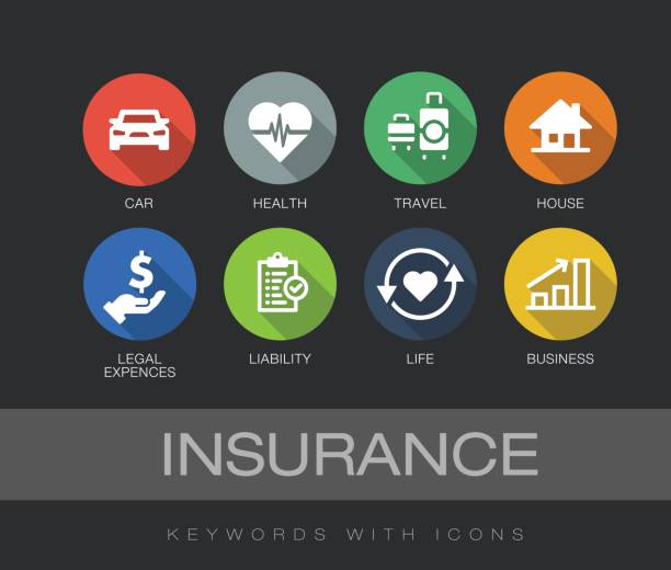 ilustraciones, imágenes clip art, dibujos animados e iconos de stock de palabras clave con los iconos de seguros - insurance
