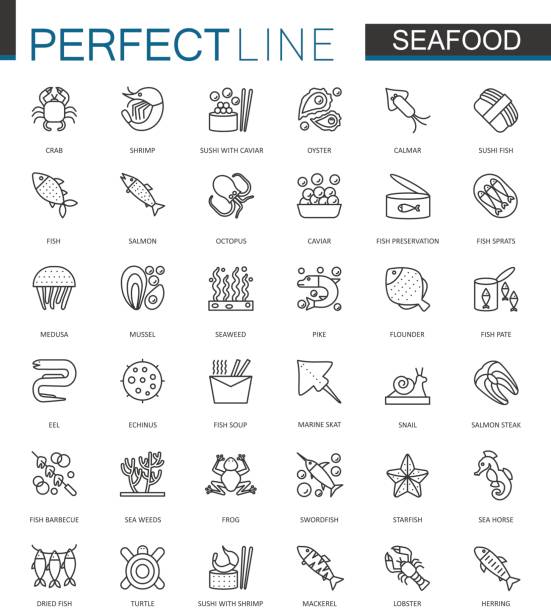 魚介類の細い線 web アイコンを設定します。レストラン メニュー概要ストローク アイコン デザインの魚料理。 - fillet点のイラスト素材／クリップアート素材／マンガ素材／アイコン素材
