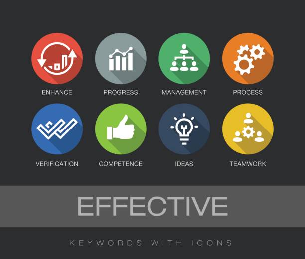 ilustrações de stock, clip art, desenhos animados e ícones de effective keywords with icons - performance efficiency business determination