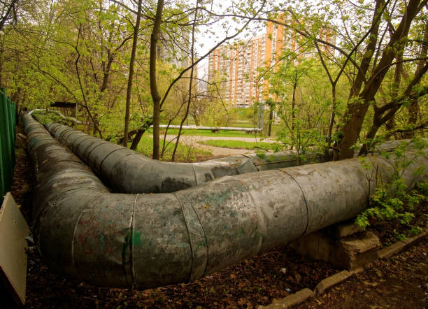 large diameter pipe with hot water above the earth, Moscow