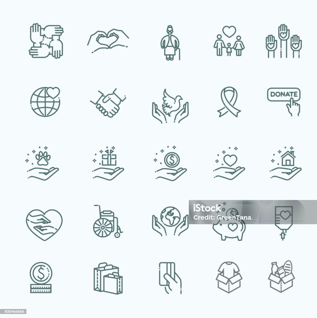 Charity - modern vector line design icons and pictograms set. Charity, donation and volunteering icon set in thin line style Icon Symbol stock vector