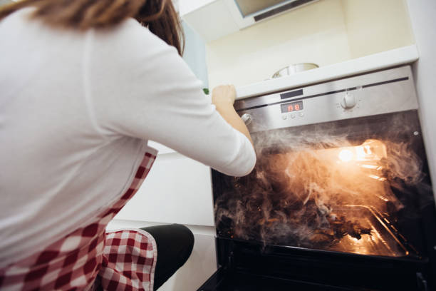 Messy dinner Young woman overlooked roast chicken in an oven kitchen on fire stock pictures, royalty-free photos & images