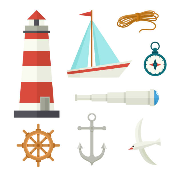 Set of flat cartoon style nautical elements Set of flat cartoon nautical elements lighthouse, anchor, compass, ship, rope, seagull, steering wheel, telescope, vector illustration isolated on white background. Set of cartoon nautical elements sail boat clipart pictures stock illustrations