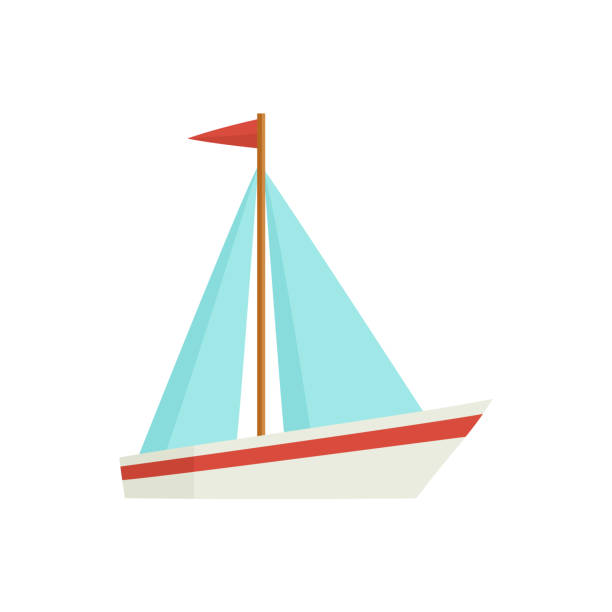 illustrazioni stock, clip art, cartoni animati e icone di tendenza di cartone animato piatto piccolo veliero, barca, barca a vela - sailboat