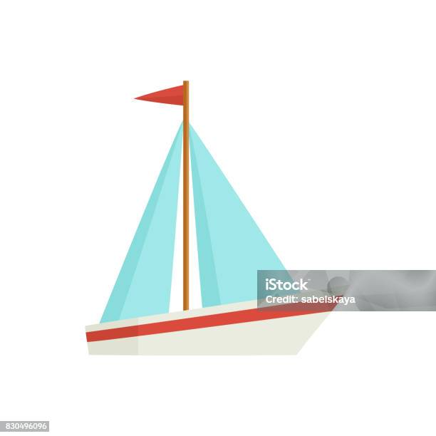 Platt Tecknad Liten Segelfartyg Båt Segelbåt-vektorgrafik och fler bilder på Segelbåt - Segelbåt, Båtar och fartyg, Serier