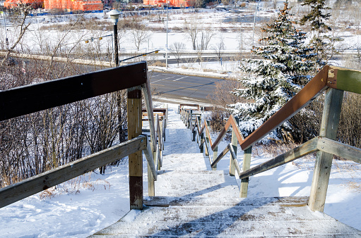 Deserted Frozen Outdoor Wooden Staircase in a Public Park